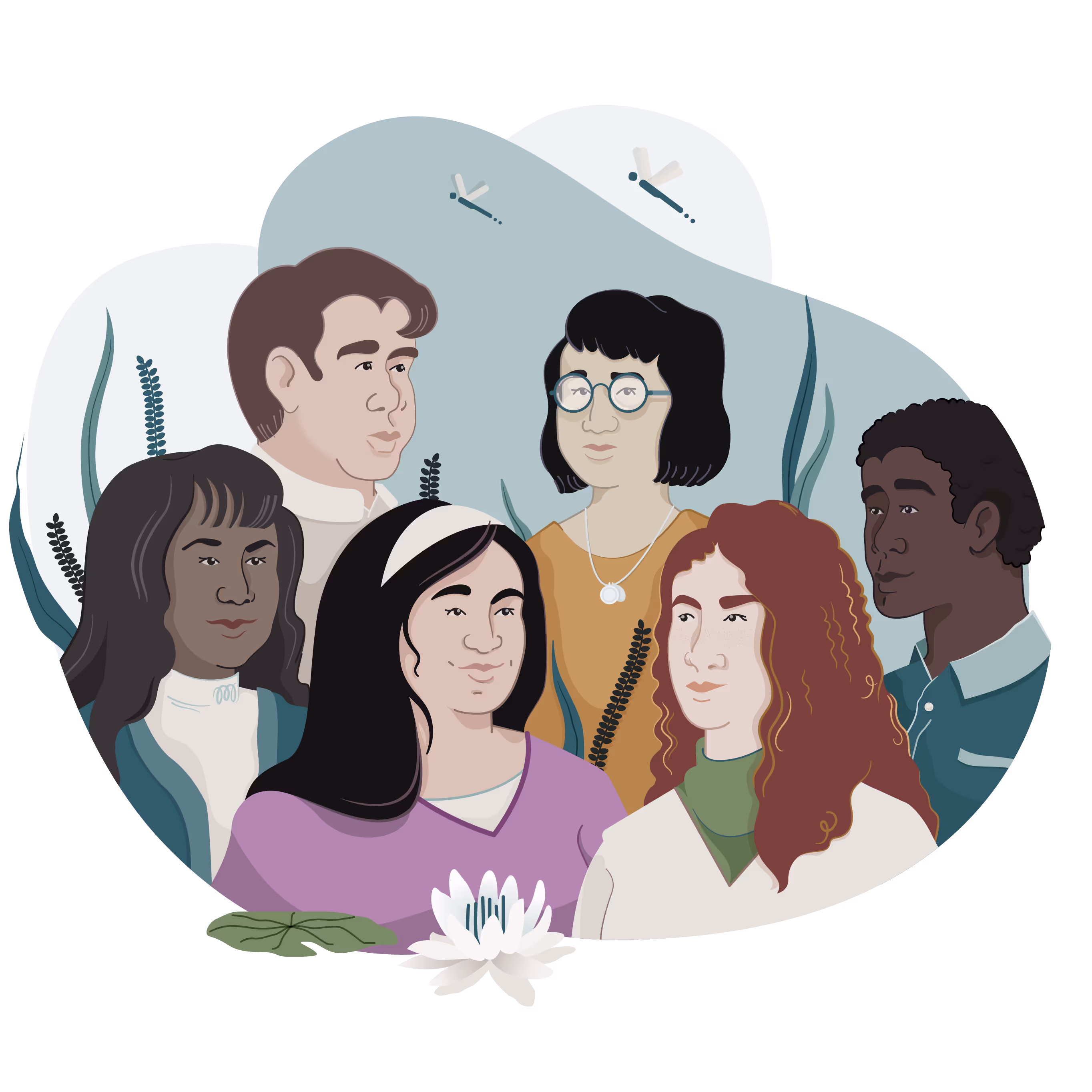 Illustration of diverse individuals (depicting various ethnicities and gender identities) immersed in an aquatic environment. The scene includes natural elements like lily pads, tall reeds, and delicate insects fluttering around, suggesting engagement with nature.