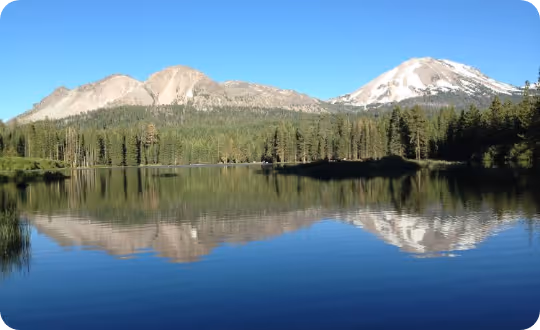 A serene lake perfectly reflects a majestic forest and towering mountains visible on the opposite bank.
