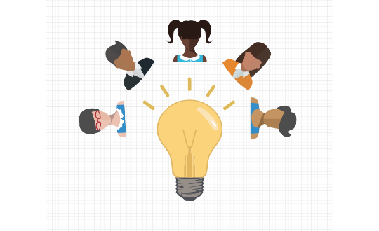 An illustration showing a single light bulb radiating bright light towards diverse but ambiguous human heads.