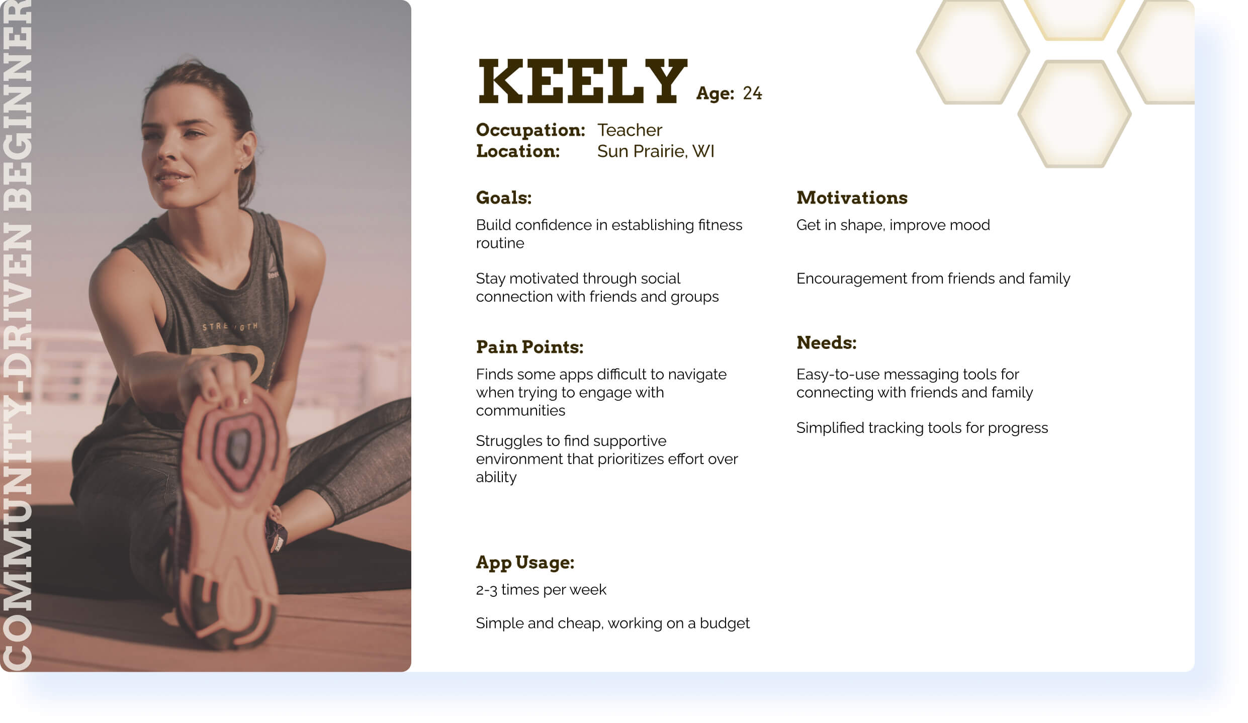 User persona for female community driven, beginner fitness app user