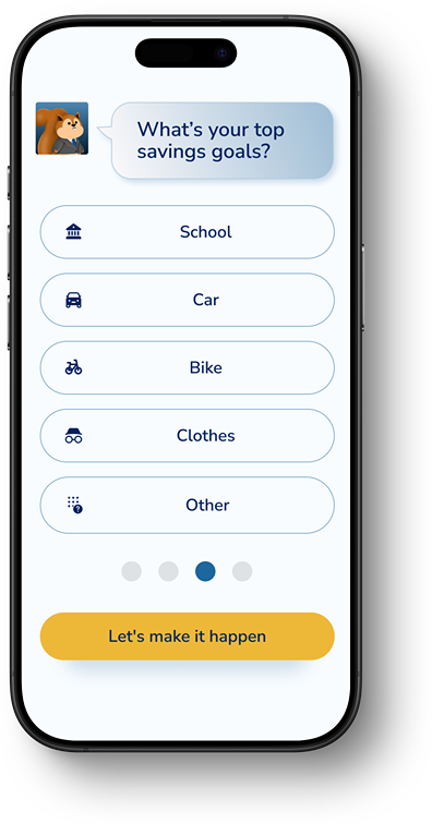 Flip & Floss goal-setting screen with options for kids to choose savings goals