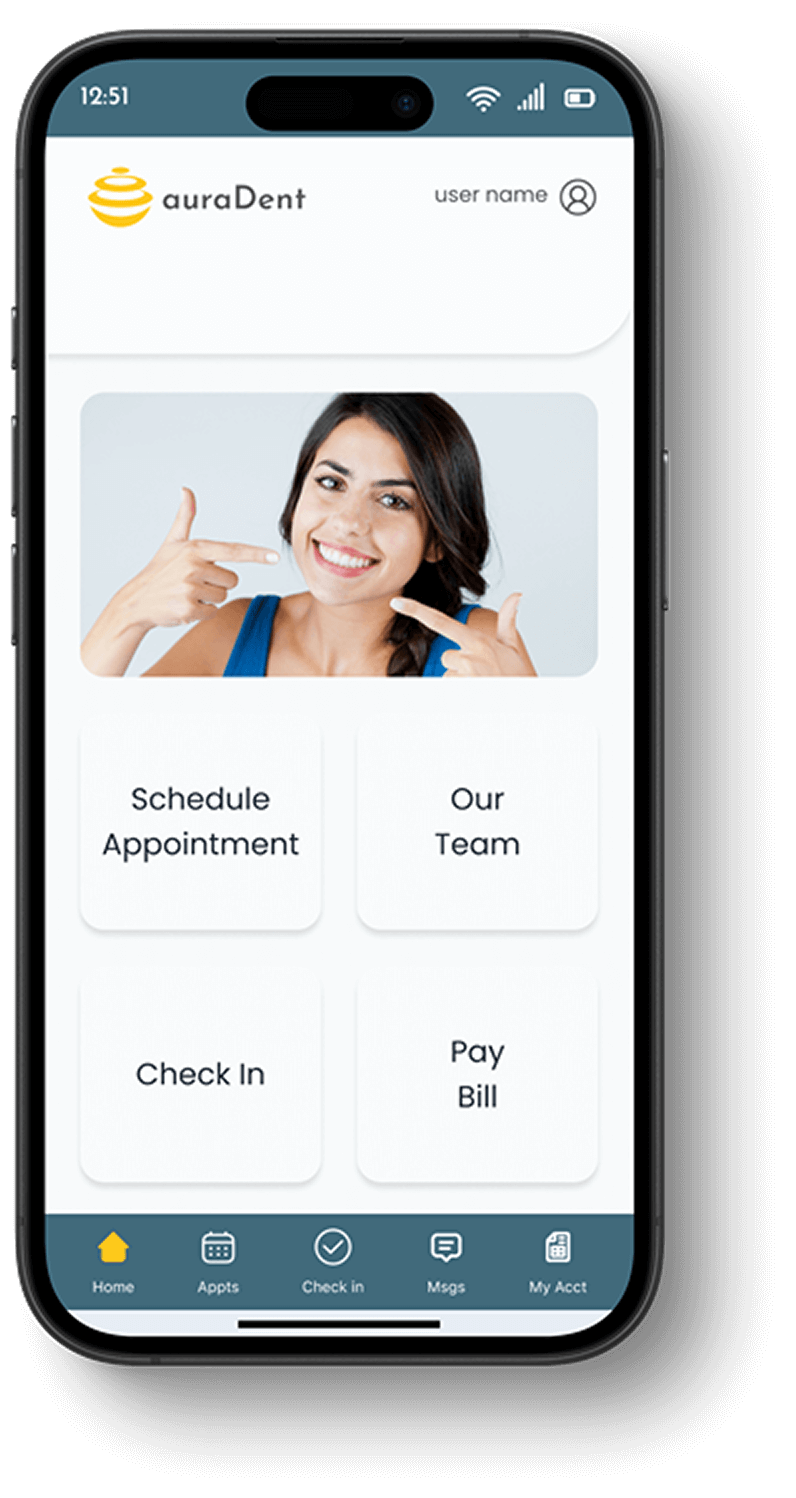 auraDent home screen with quick access buttons for scheduling, check-in, and billing