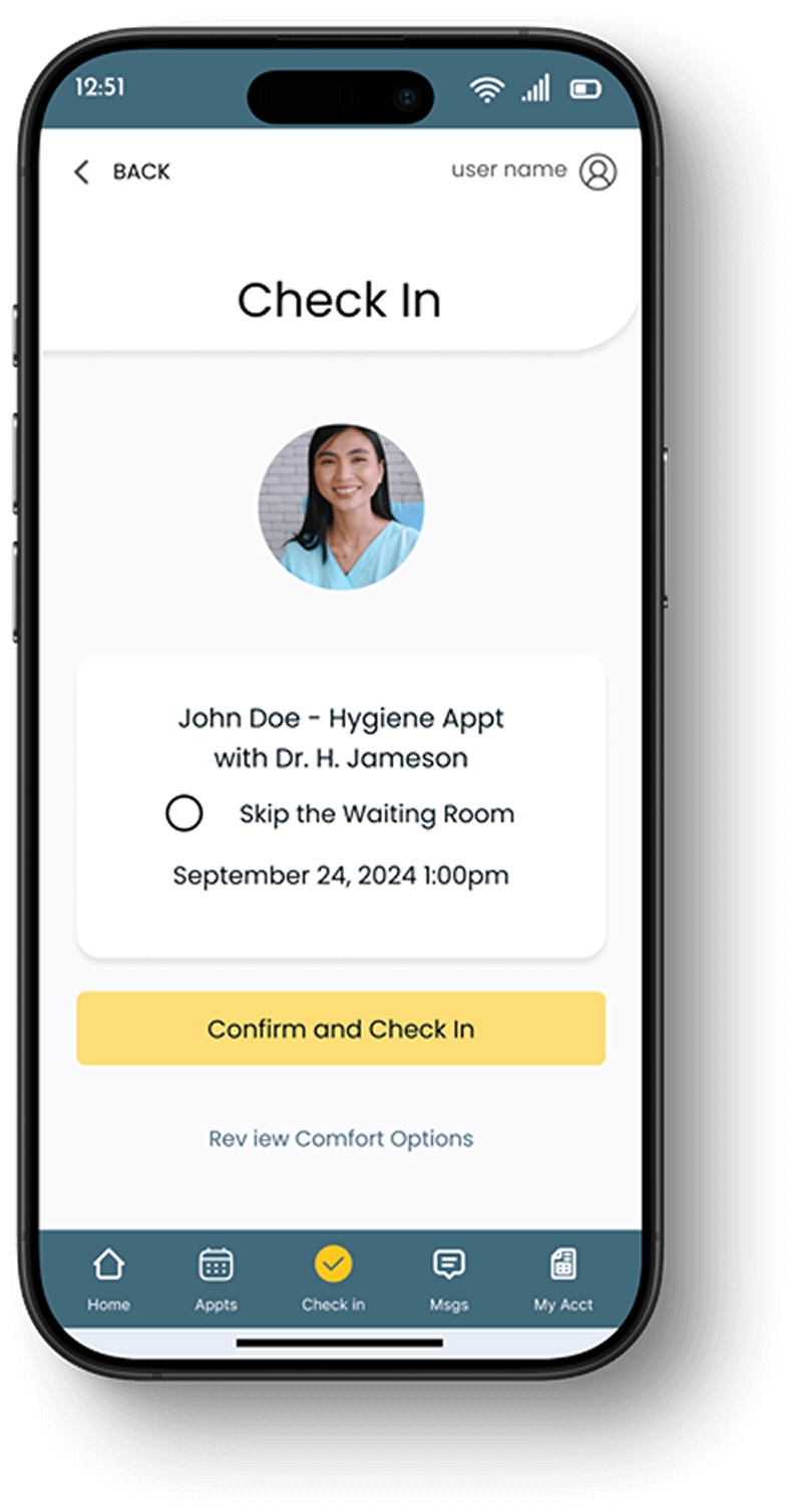 User check in screen showing information and  steps to prepare for dental appointment