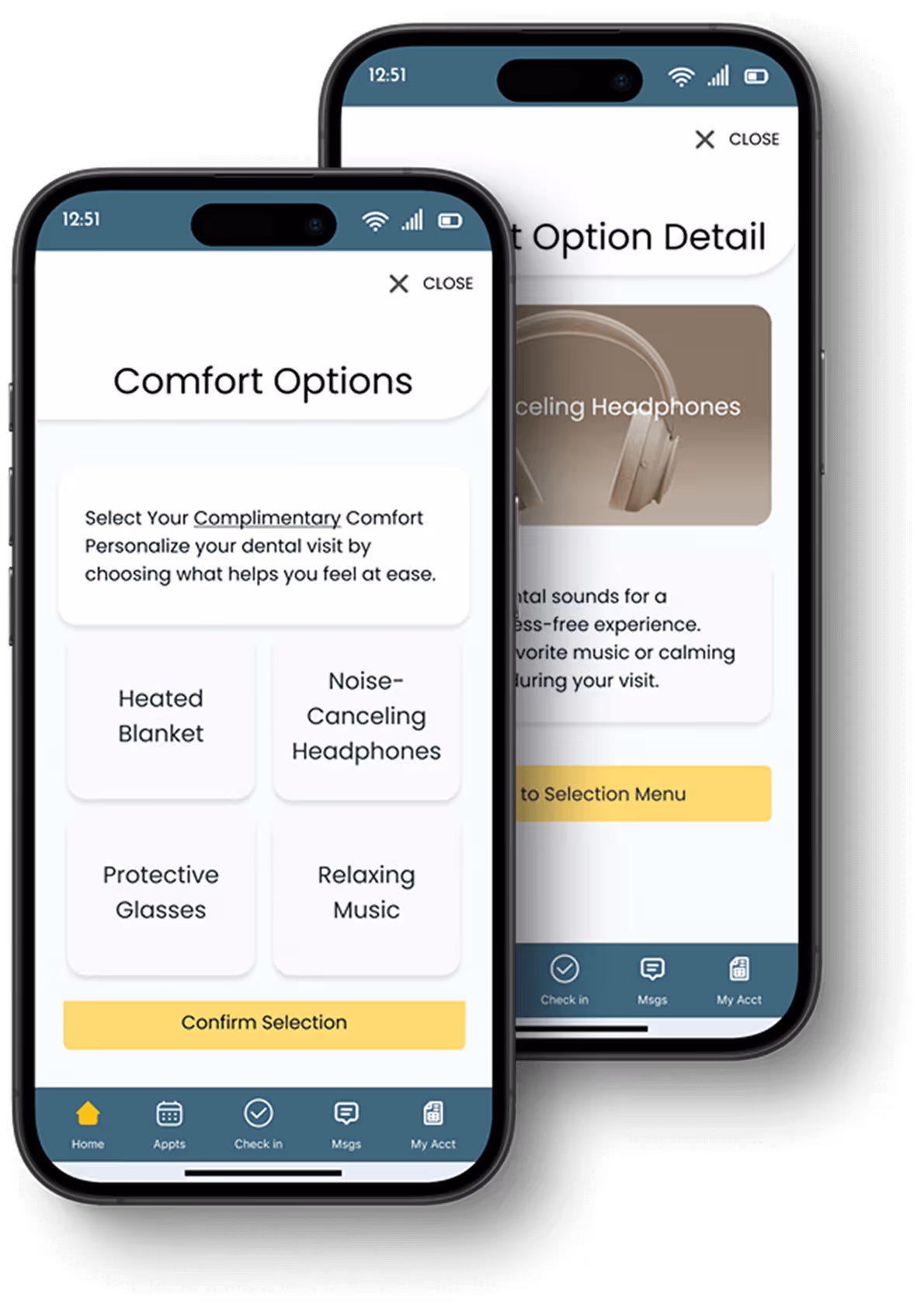 Two screens showing comfort  option dashboard and details available in auraDent app