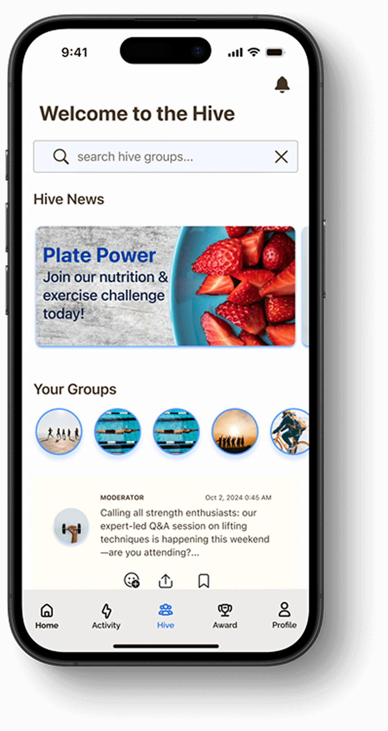 FitHive community feed displaying peer achievements and activity updates