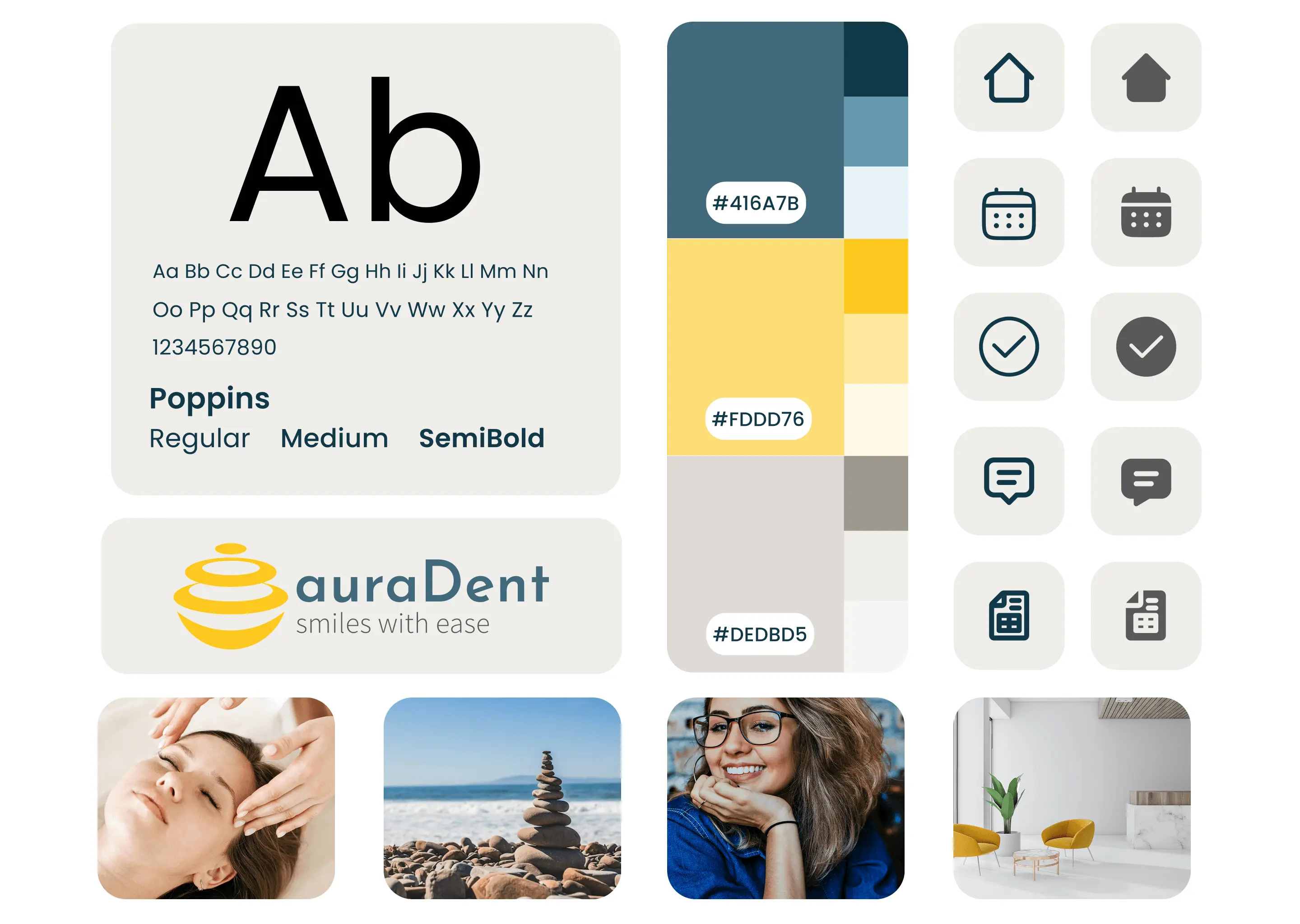 auraDent design system showing typeface, calming color palette, UI icons, brand logo, and lifestyle imagery