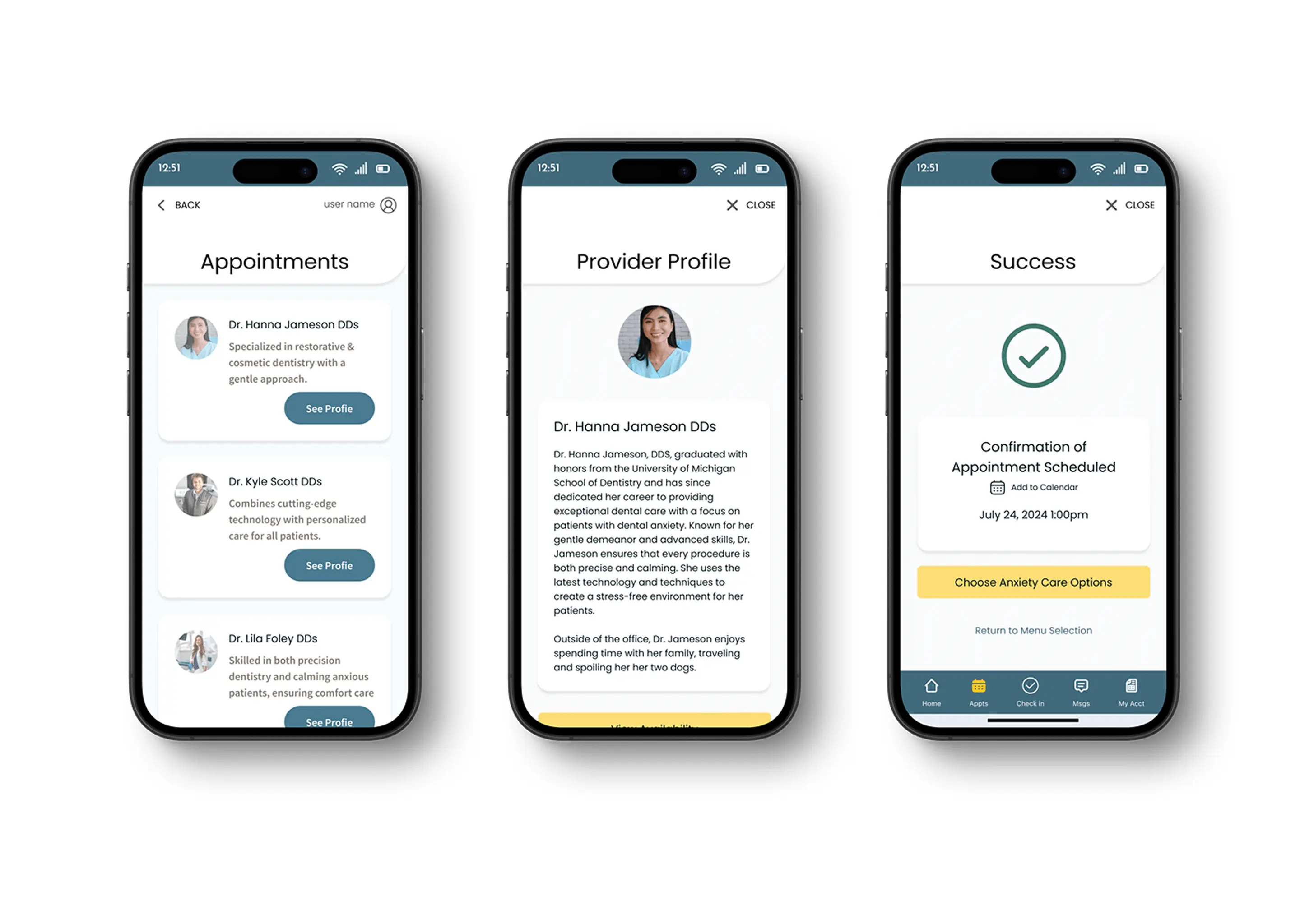 Three AuraDenta app screens showing appointment booking flow: provider list, dentist profile, and appointment confirmation
