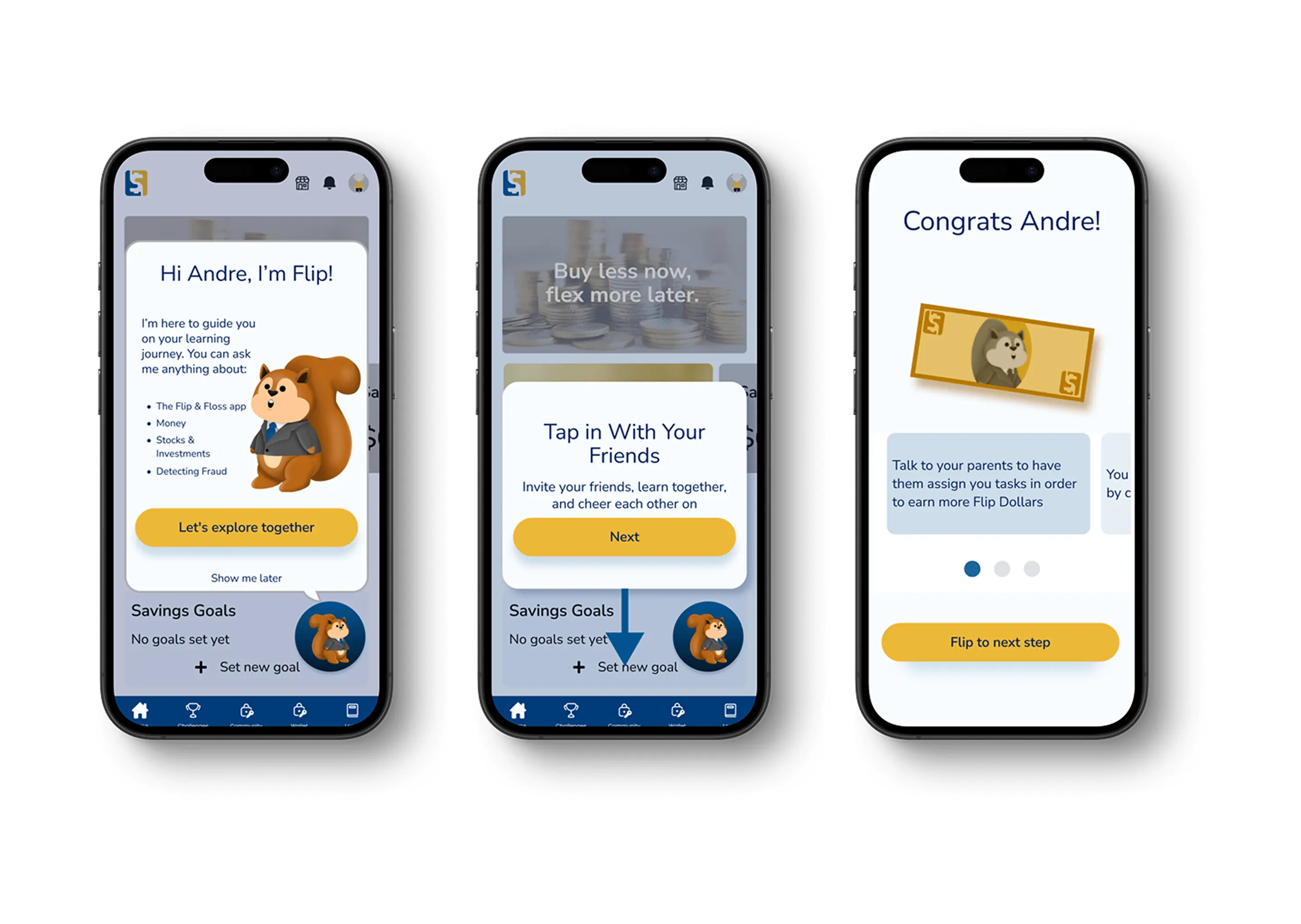 Three flip and floss screens introducing flip the ai guide, prompting friend engagement, and user rewards