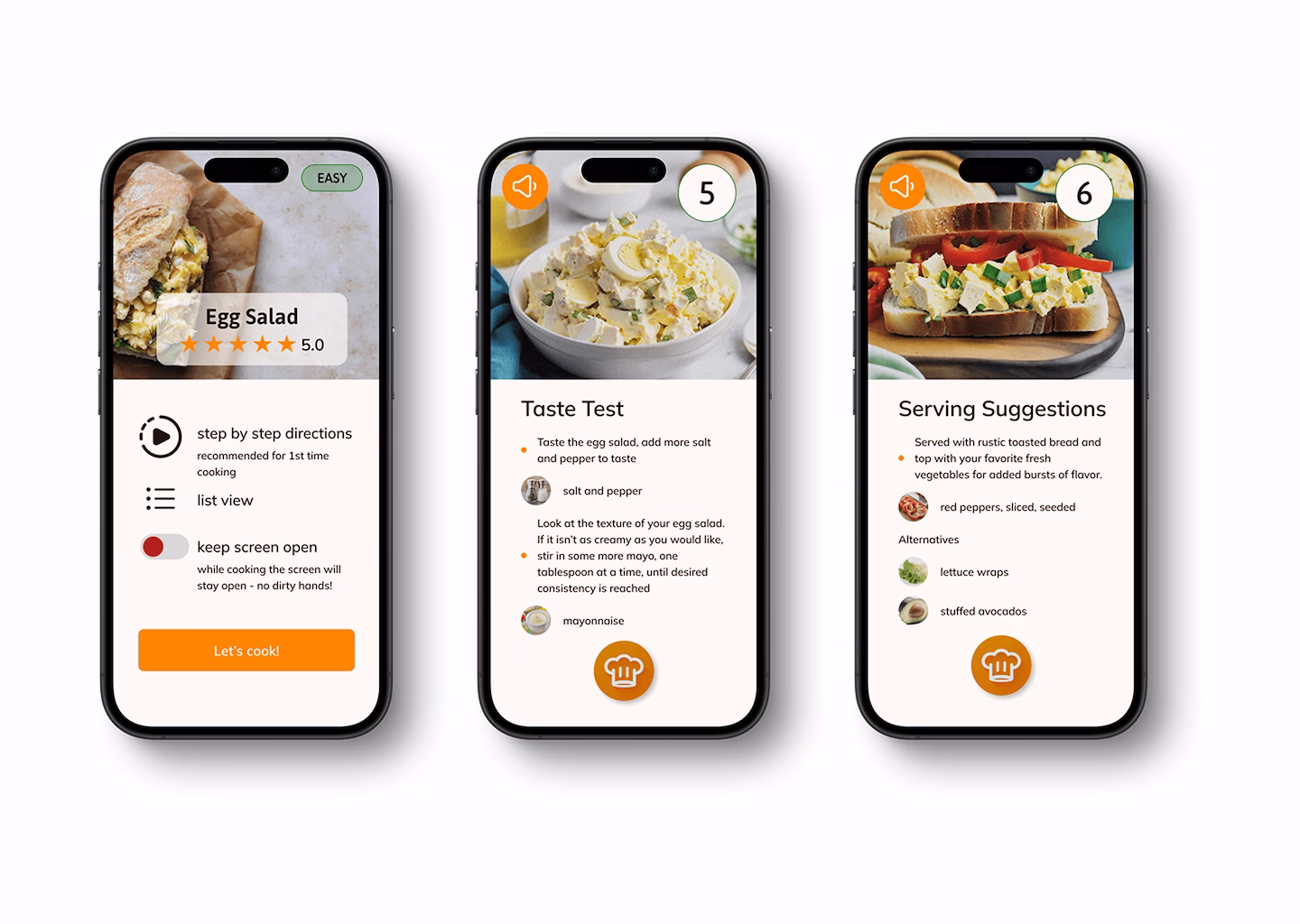 Three mobile screens from a cooking app recipe with step-by-step instructions, taste test tips, and serving suggestions