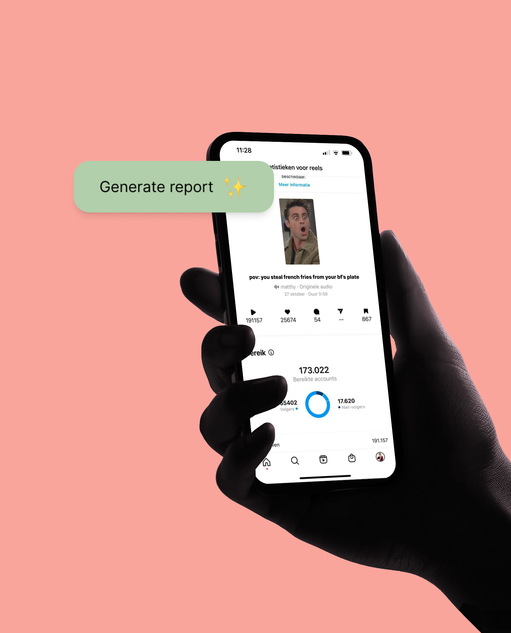 Shows a hand holding a phone with an Instagram screenshot with performance data of a post. Above it, floating, a button saying "generate report"