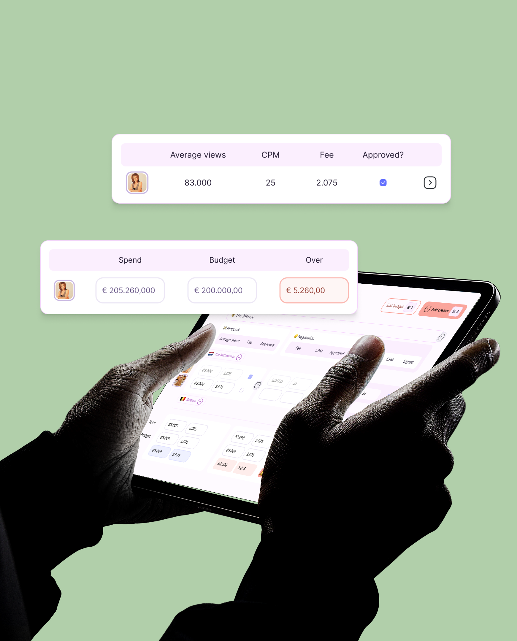 Shows a device held by two hands, with Emily's budgeting tool and two highlighted sections floating above the screen