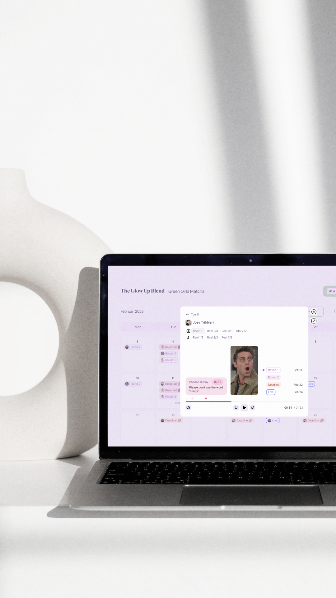 Shows a laptop screen in a clean setting using Emily's timeline feature