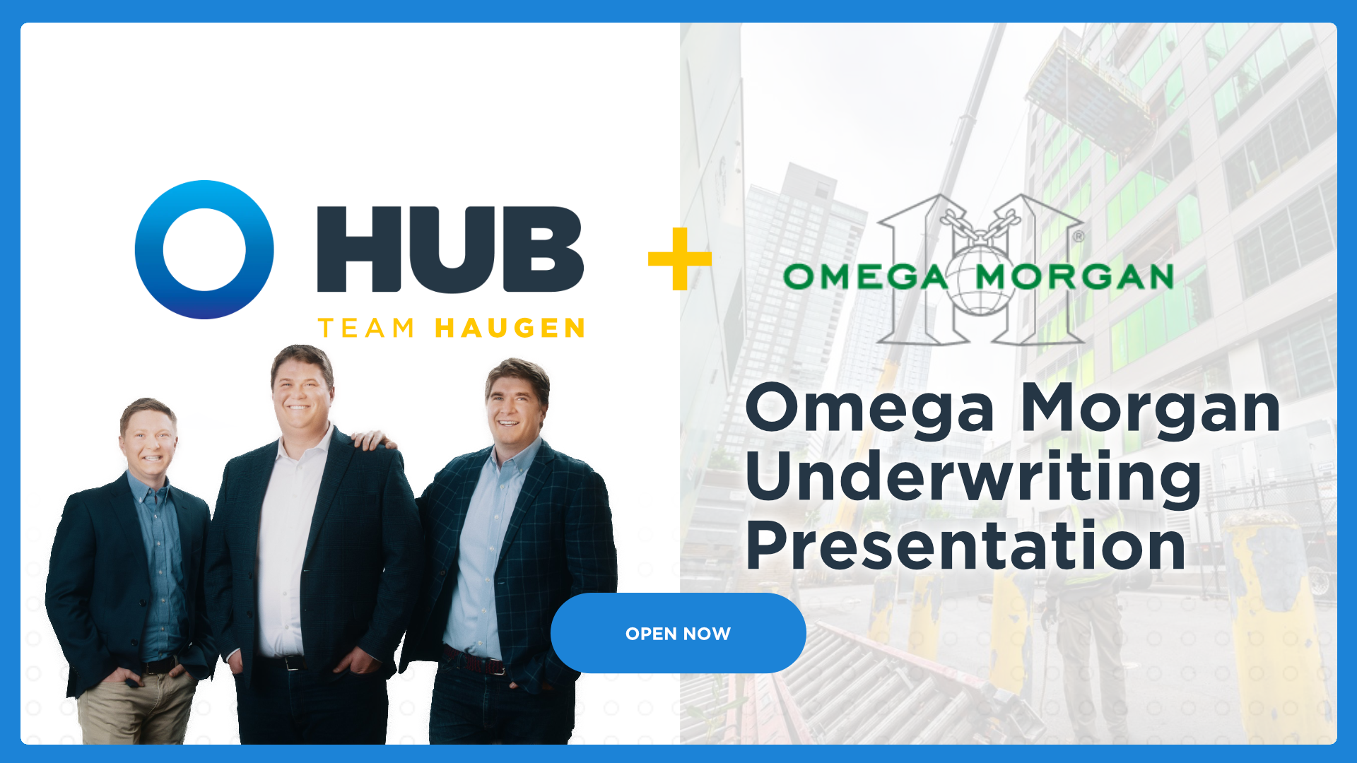 two men standing in front of a poster