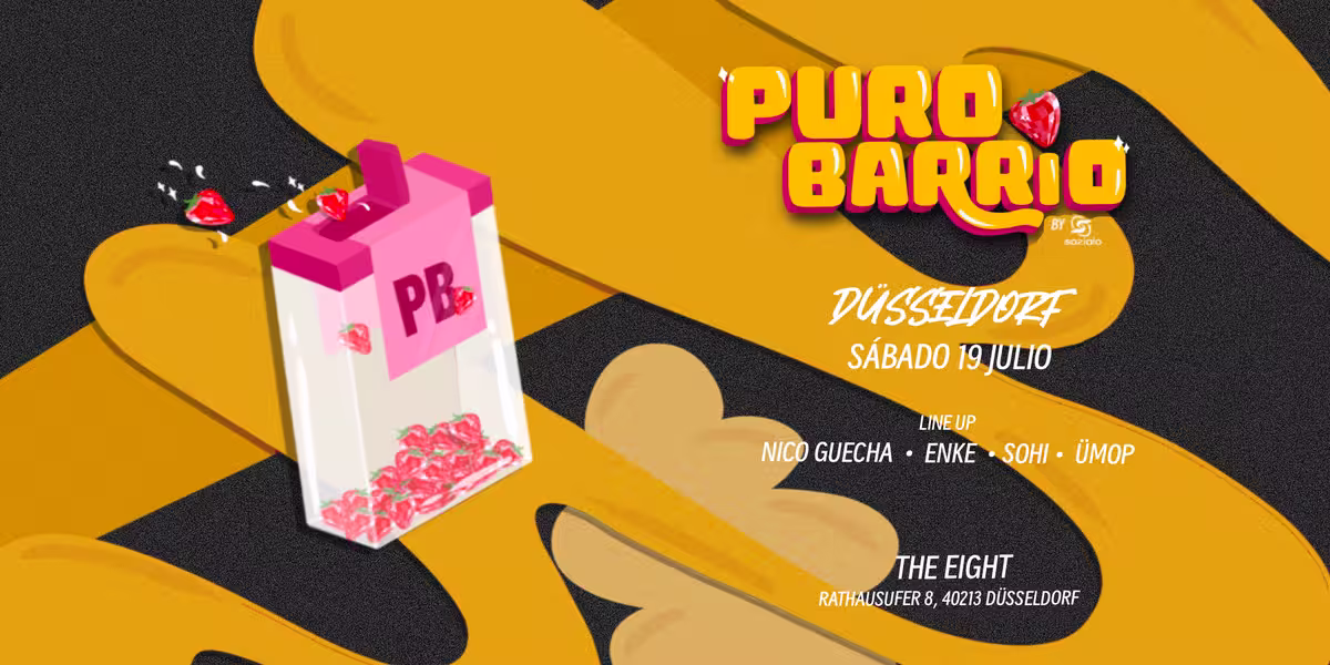 Puro Barrio Düsseldorf event poster for July 19, 2025 featuring lineup and vibrant design