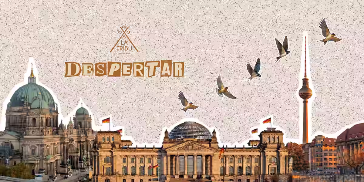 La Tribu Despertar event banner with Berlin skyline, birds in flight, and cultural celebration vibe