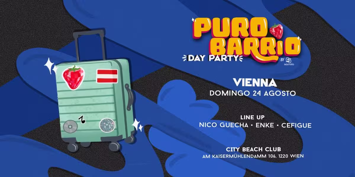 Flyer for Puro Barrio Day Party in Vienna on August 24, 2025 at City Beach Club, featuring DJs Nico Guecha, Enke, and Cefigue.