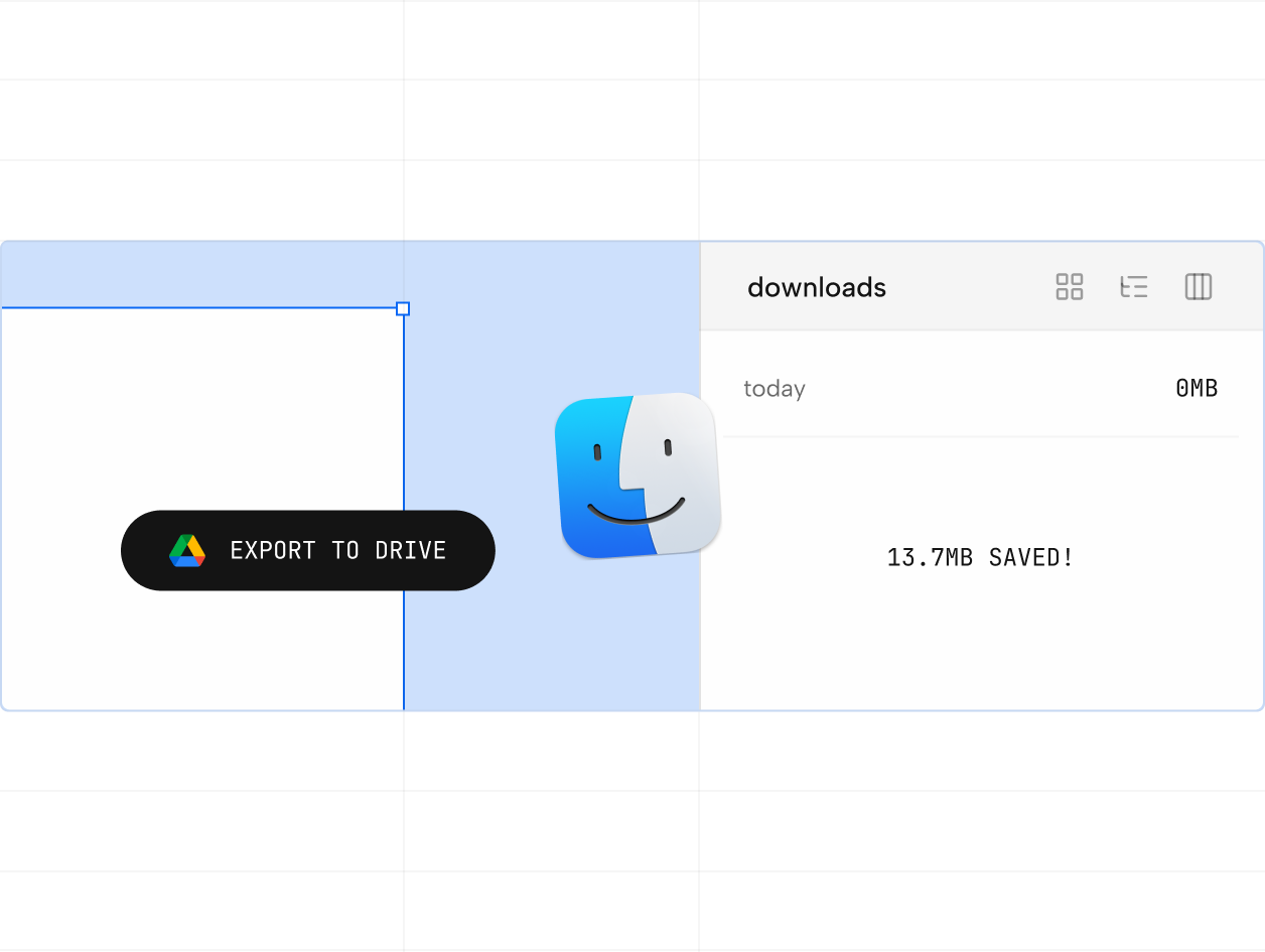 User interface showing a button with Google Drive logo labeled 'EXPORT TO DRIVE' next to a smiling Finder app icon and a downloads panel stating '13.7MB SAVED!'