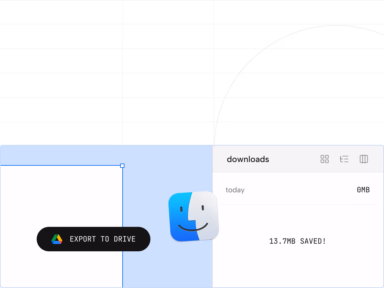 Screenshot of a file download interface showing 0MB downloaded today and 13.7MB saved, with an Export to Drive button featuring the Google Drive logo.