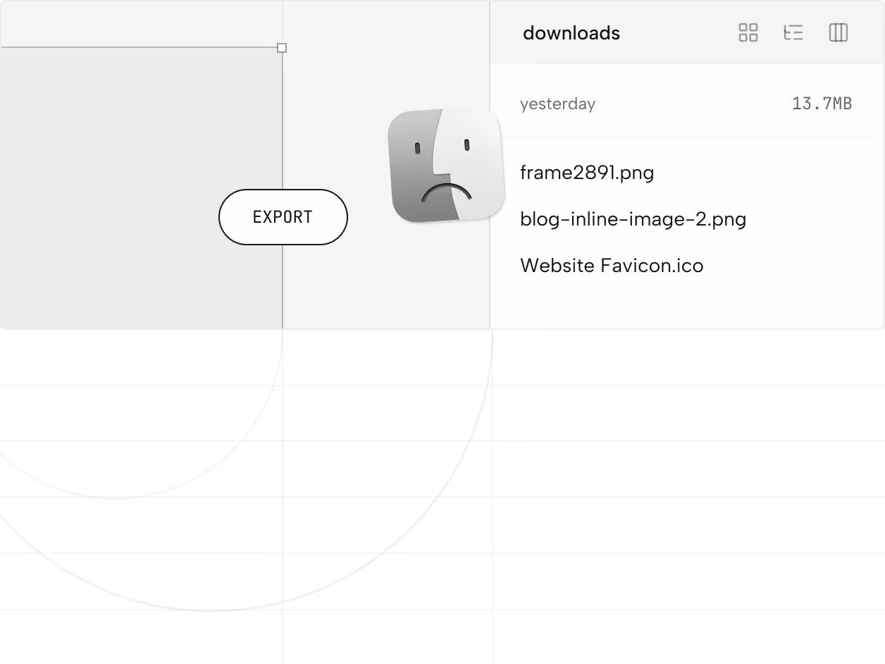 Mac Finder window showing three recently downloaded files with a sad Finder icon overlay and an EXPORT button on a dark background.