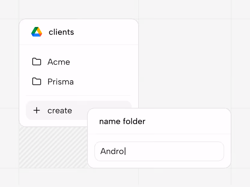 Google Drive interface with folder list under 'clients' including 'Acme' and 'Prisma', and an active folder creation input labeled 'name folder' with partial name 'Androl'.