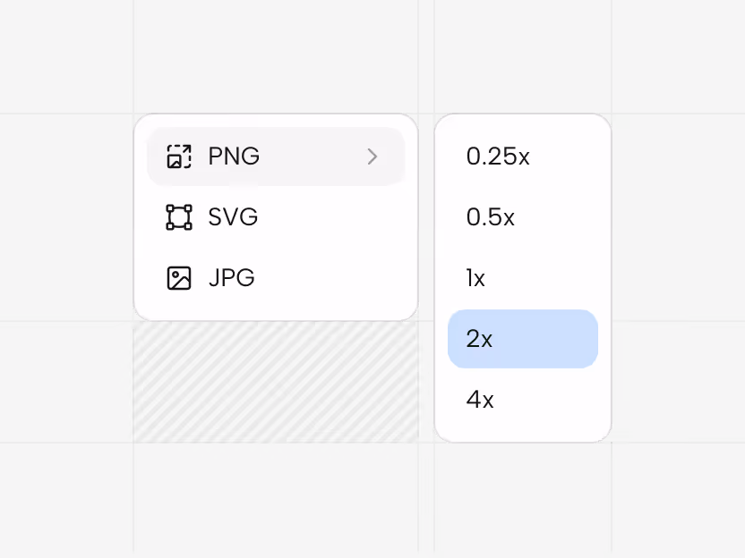 Two dropdown menus on dark background: left shows image format options PNG, SVG, JPG; right shows scale options from 0.25x to 4x with 2x highlighted.