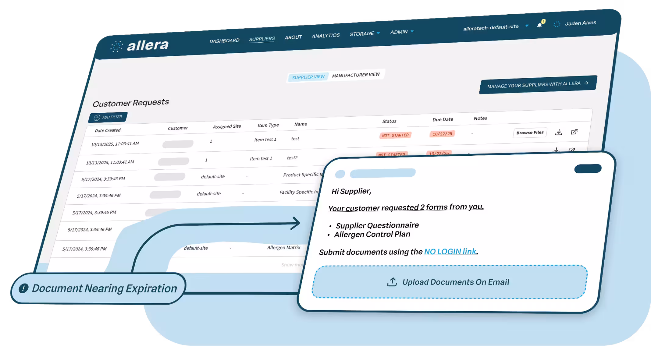 Allera Supplier Management dashboard showing customer document requests, supplier task statuses, due dates, and a no-login upload link for submitting compliance documents like Supplier Questionnaires and Allergen Control Plans.