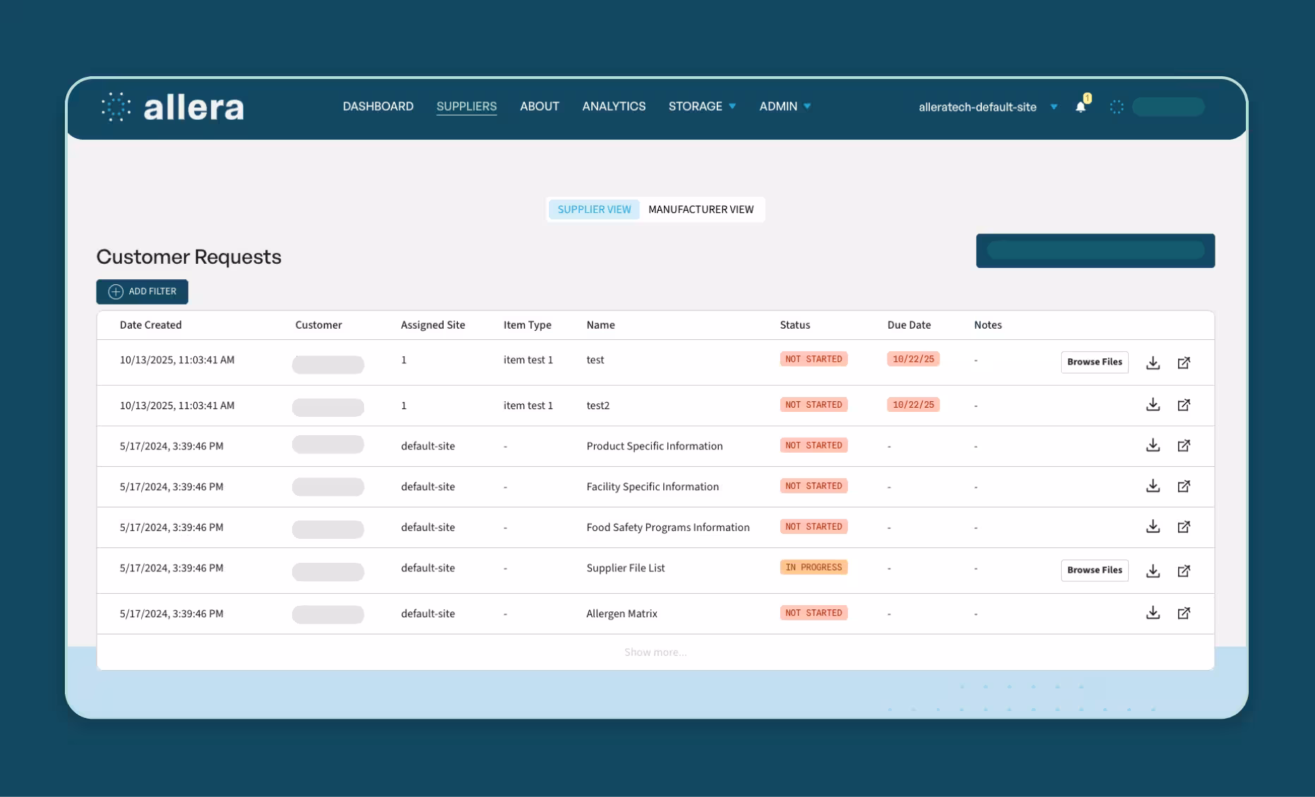 Allera Supplier Management dashboard showing customer document requests, supplier task statuses, due dates, and a no-login upload link for submitting compliance documents like Supplier Questionnaires and Allergen Control Plans.