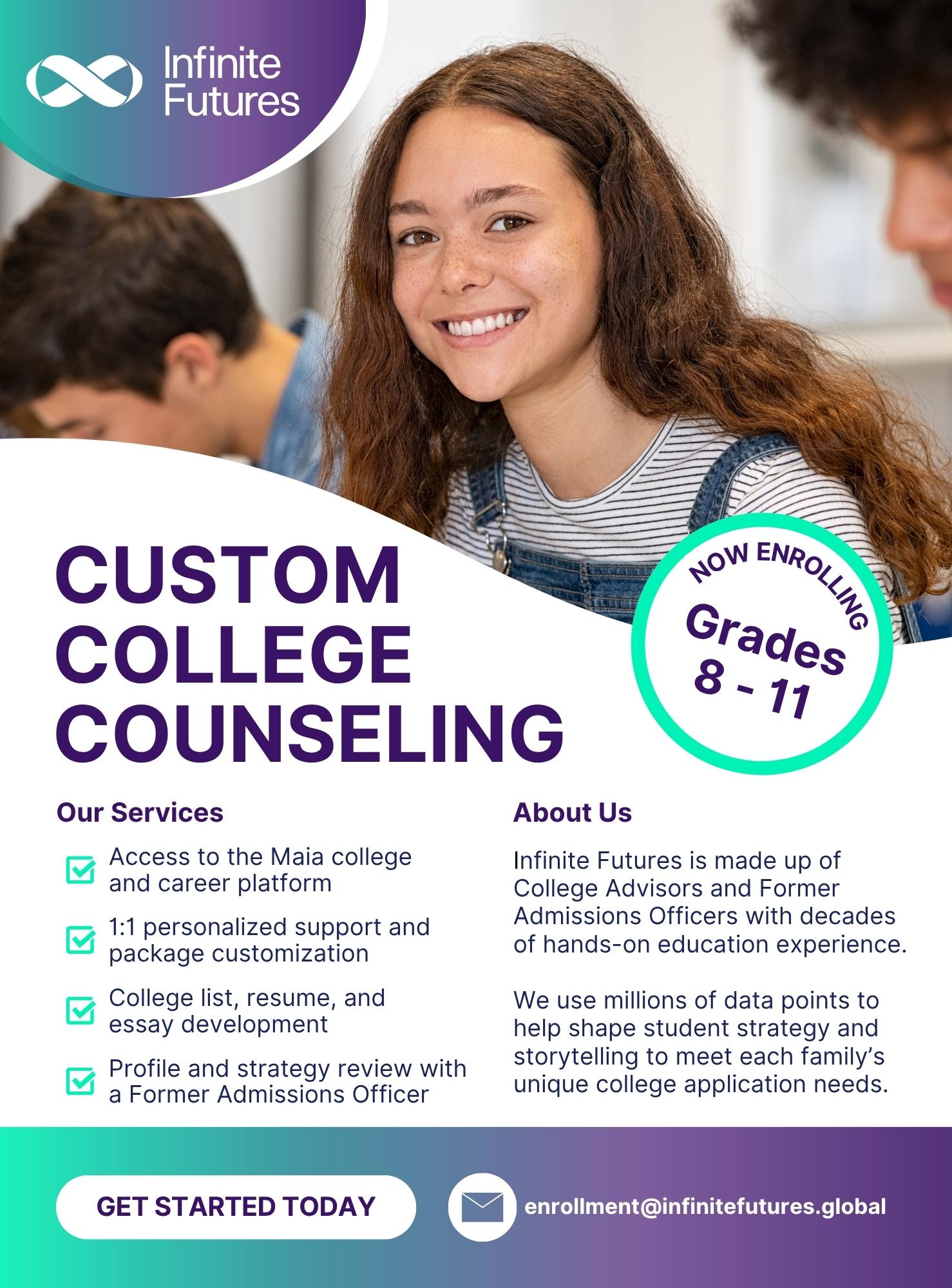 A picture of a happy student and a description of services offered