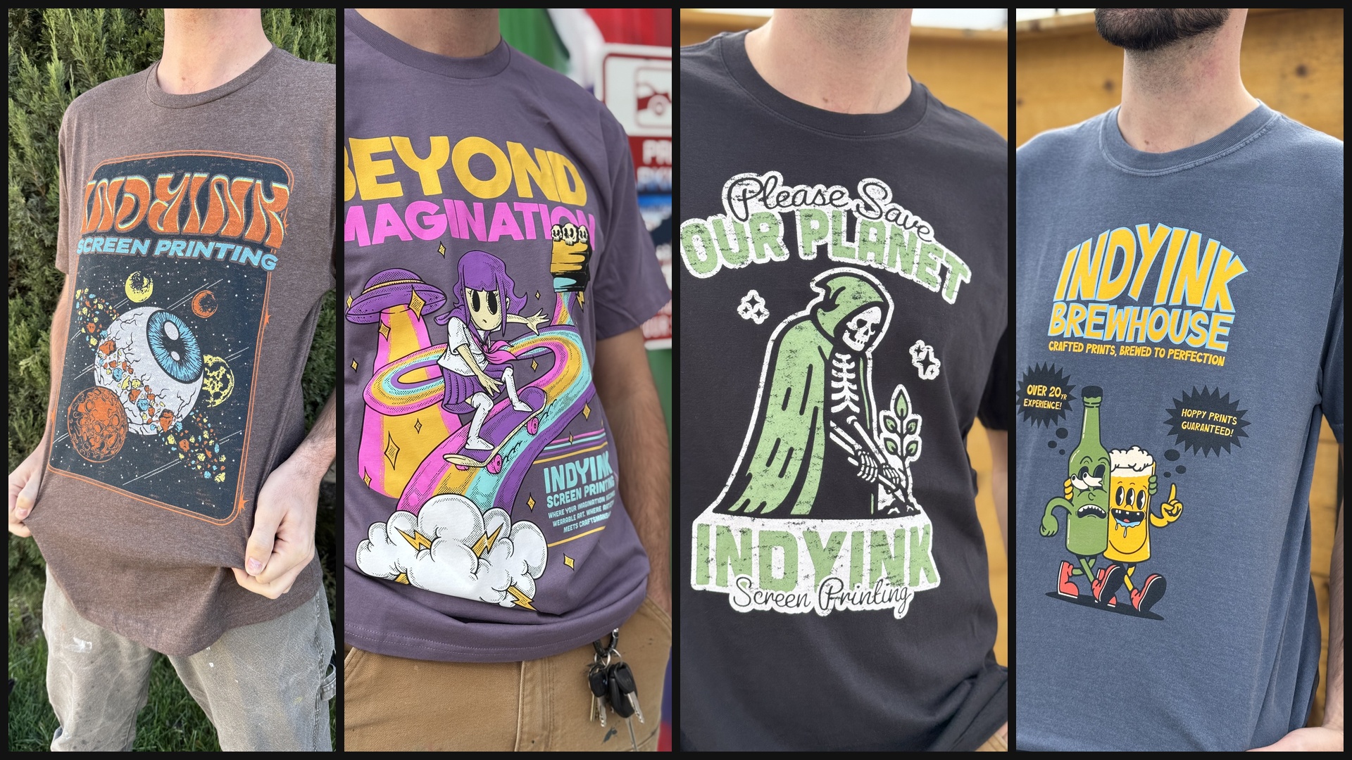 IndyInk custom screen printed tees collage featuring four unique designs