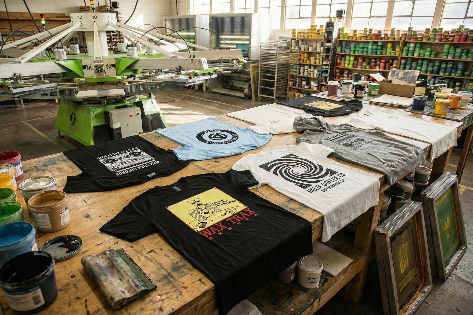 Production table at IndyInk showing freshly printed custom tees for Wax Trax Records and Helix Coffee Co with carousel press and ink shelves in the background