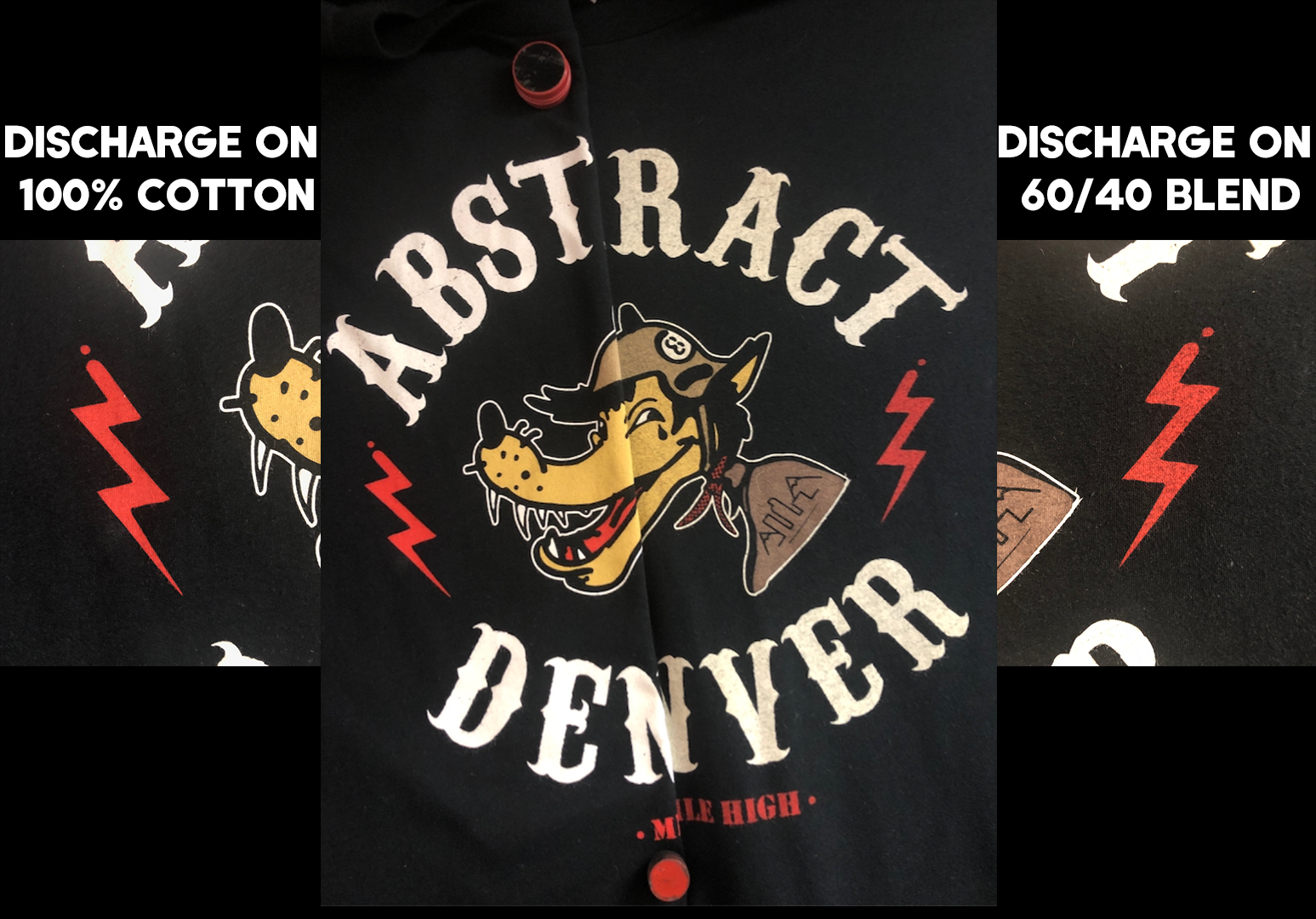 Discharge ink on 100% cotton vs 60/40 blend — Abstract Denver hoodie comparison