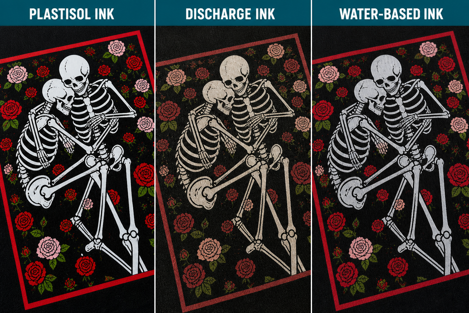 Plastisol vs water-based vs discharge ink side-by-side comparison
