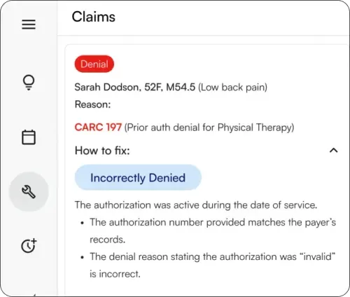 Athelas Revenue Cycle Management dashboard showing AI-powered Denial Defense tools, bulk claim resubmissions, real-time reimbursement tracking, and automated error detection to maximize healthcare payments.