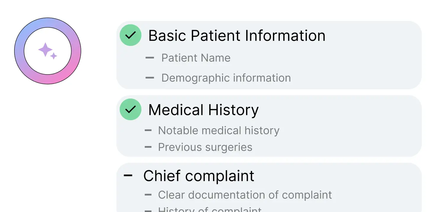 Checklist showing patient info, medical history, and chief complaint.