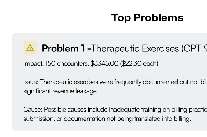 Sample Top Problems view showing coding errors compliance risks and missed procedures