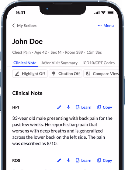 A smartphone screen showing a medical note app