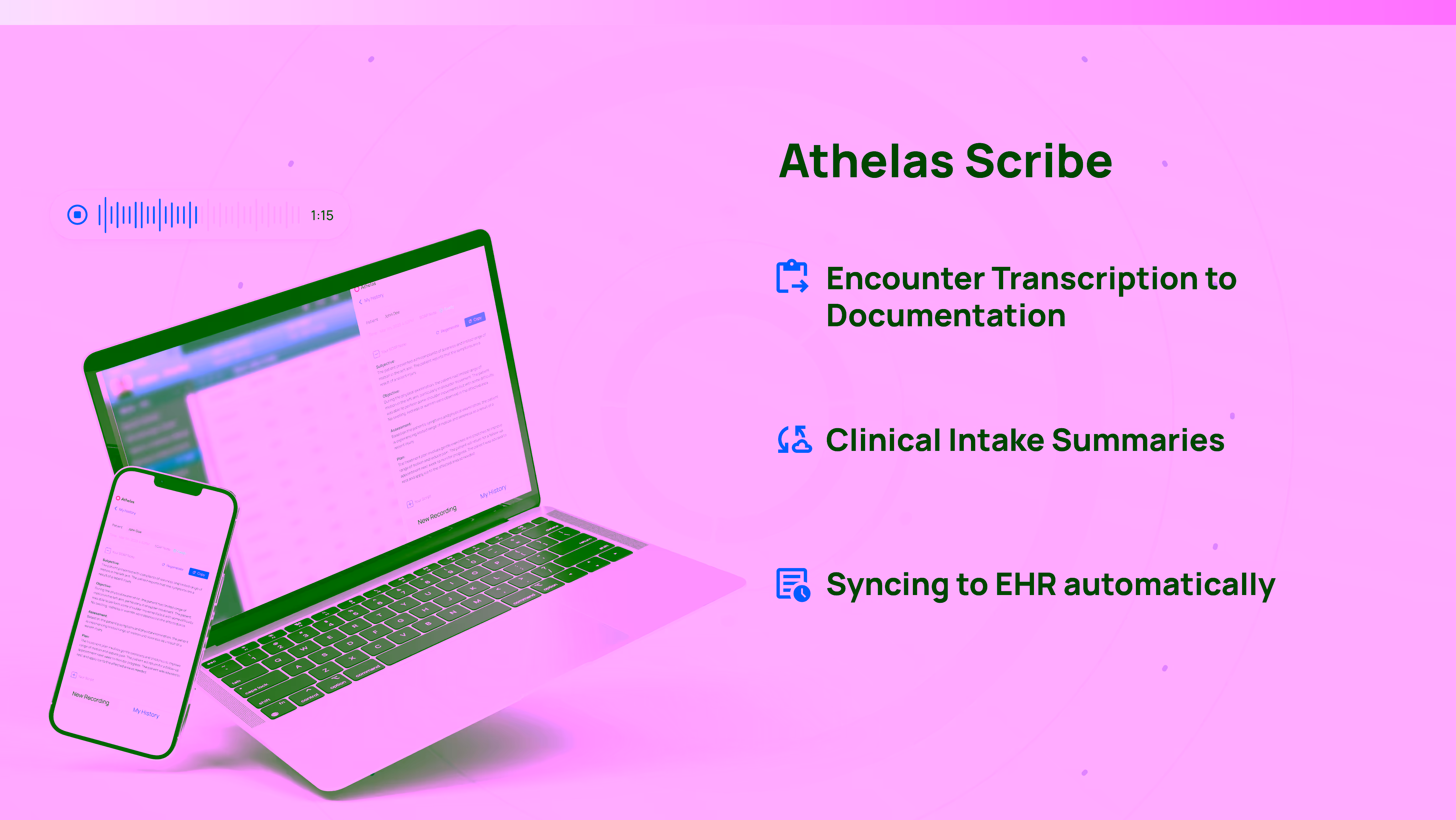 Slide showing Athelas Scribe features with a laptop and phone.