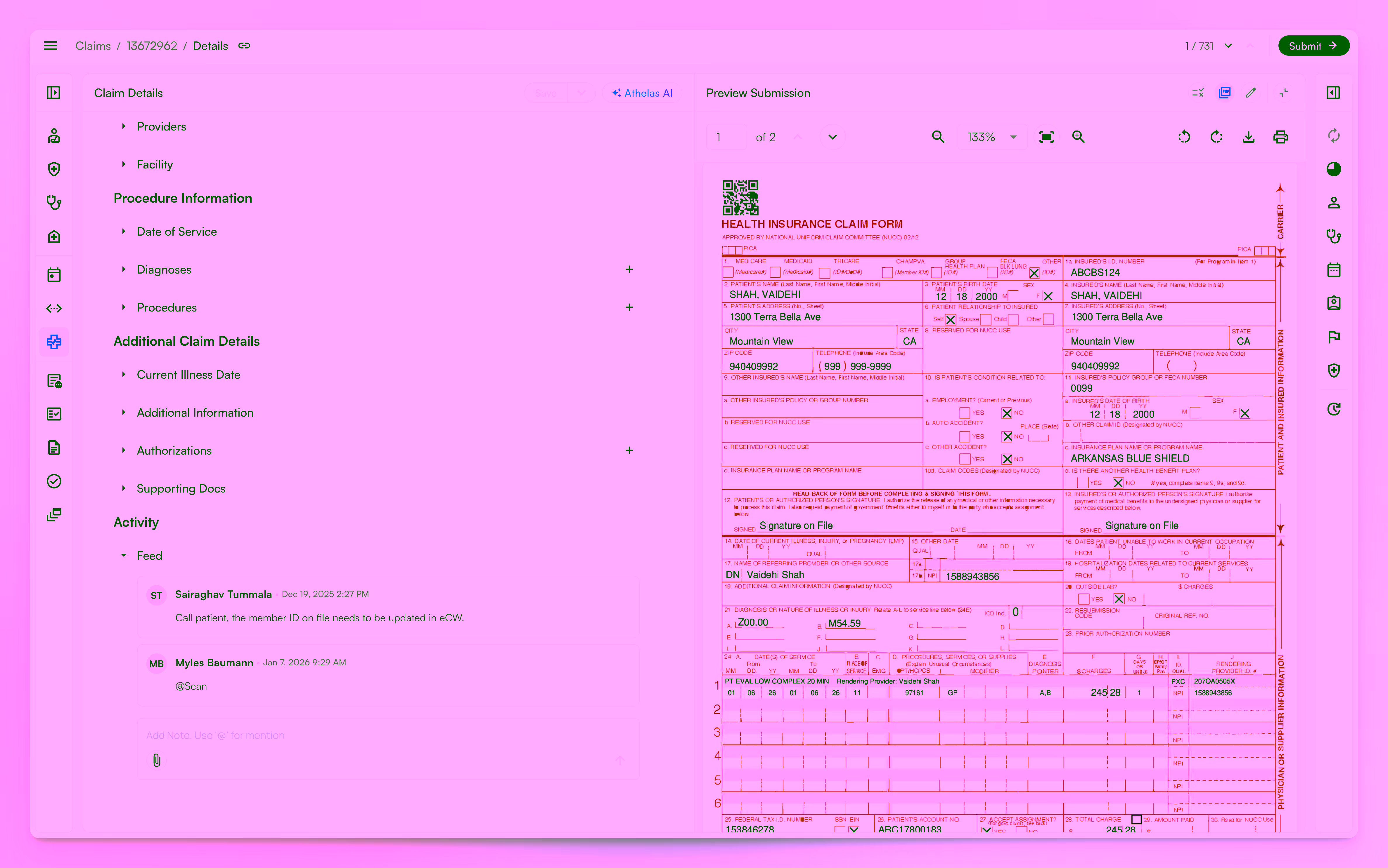 Medical claim details page with claim form preview.