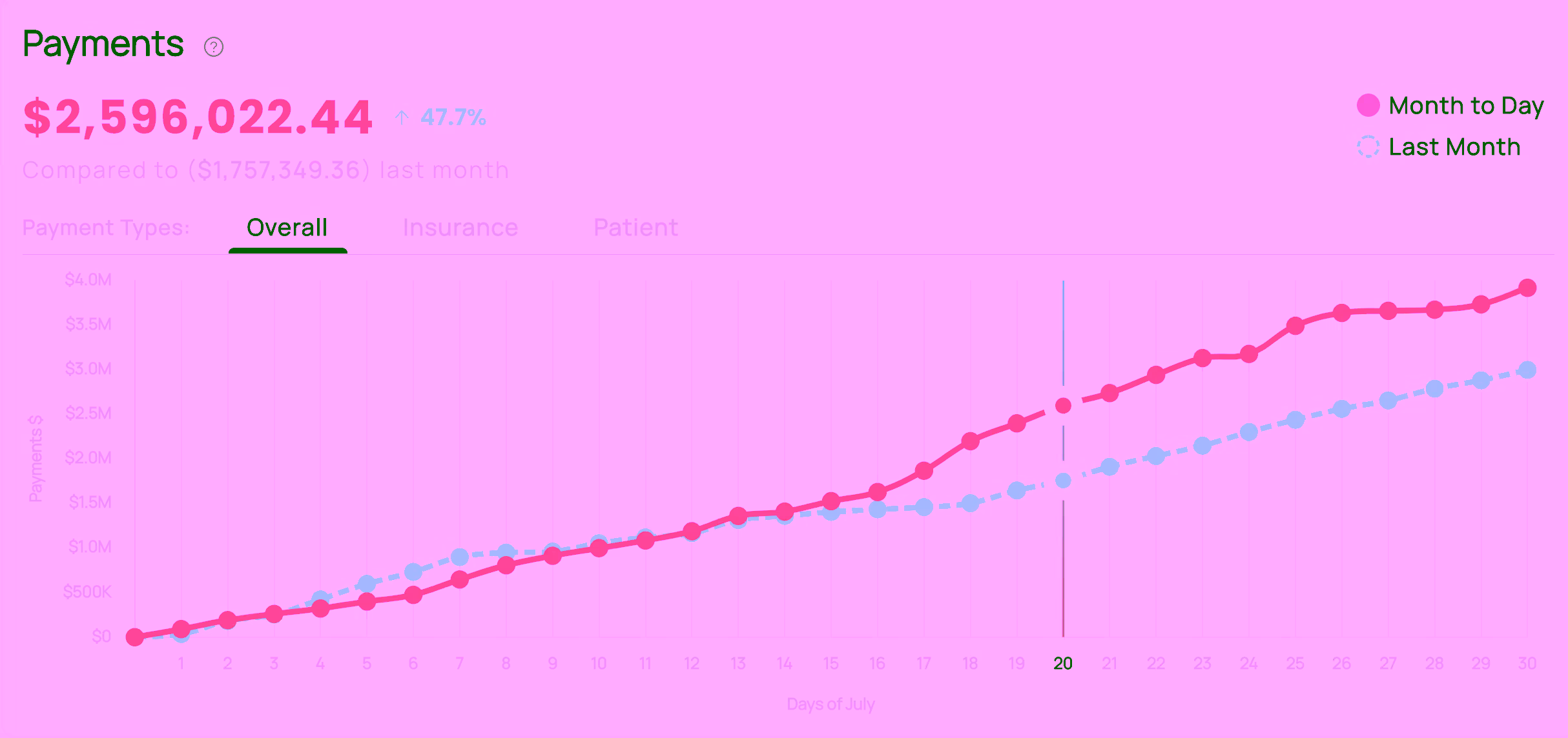 Dashboard showing monthly payment growth and revenue trends.