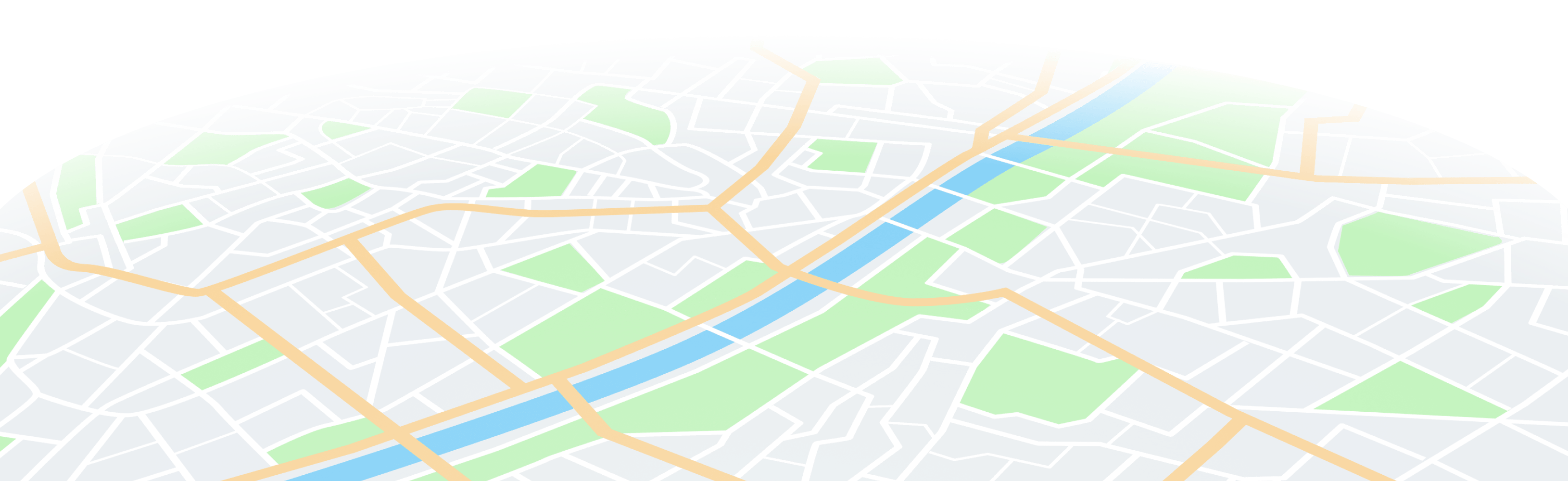 Illustration of a simplified map showing streets, green parks, and a blue river running through the center.
