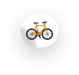 Orange bicycle icon inside a white speech bubble on a black background.