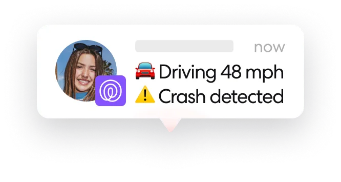 Notification bubble showing a profile photo of a smiling woman and alert text with a car emoji stating 'Driving 48 mph' and a warning emoji followed by 'Crash detected.'