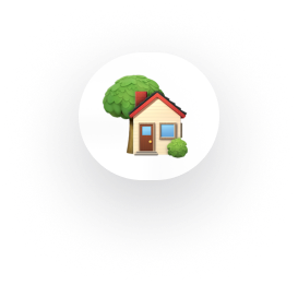 Icon of a house with a red roof, a tree behind it, and a small bush in front.