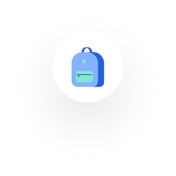 Blue backpack icon inside a white circle with a shadowed background.