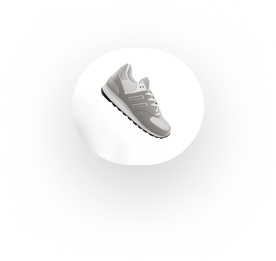 Gray sneaker icon in a white circle with a dark blurred background.