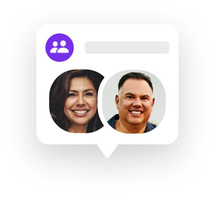 Chat bubble with two smiling profile photos of a woman and a man, and a purple group icon.