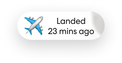 Blue and white airplane icon next to text reading 'Landed 23 mins ago' in a rounded rectangle.