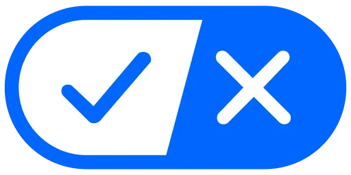 Blue toggle switch with white check mark on the left and white X on the right.