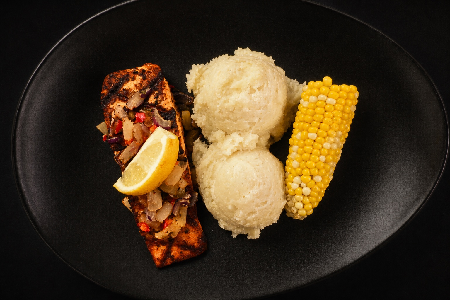 Blackened grilled salmon topped with pineapple red pepper salsa, served with mashed potatoes and corn on the cob