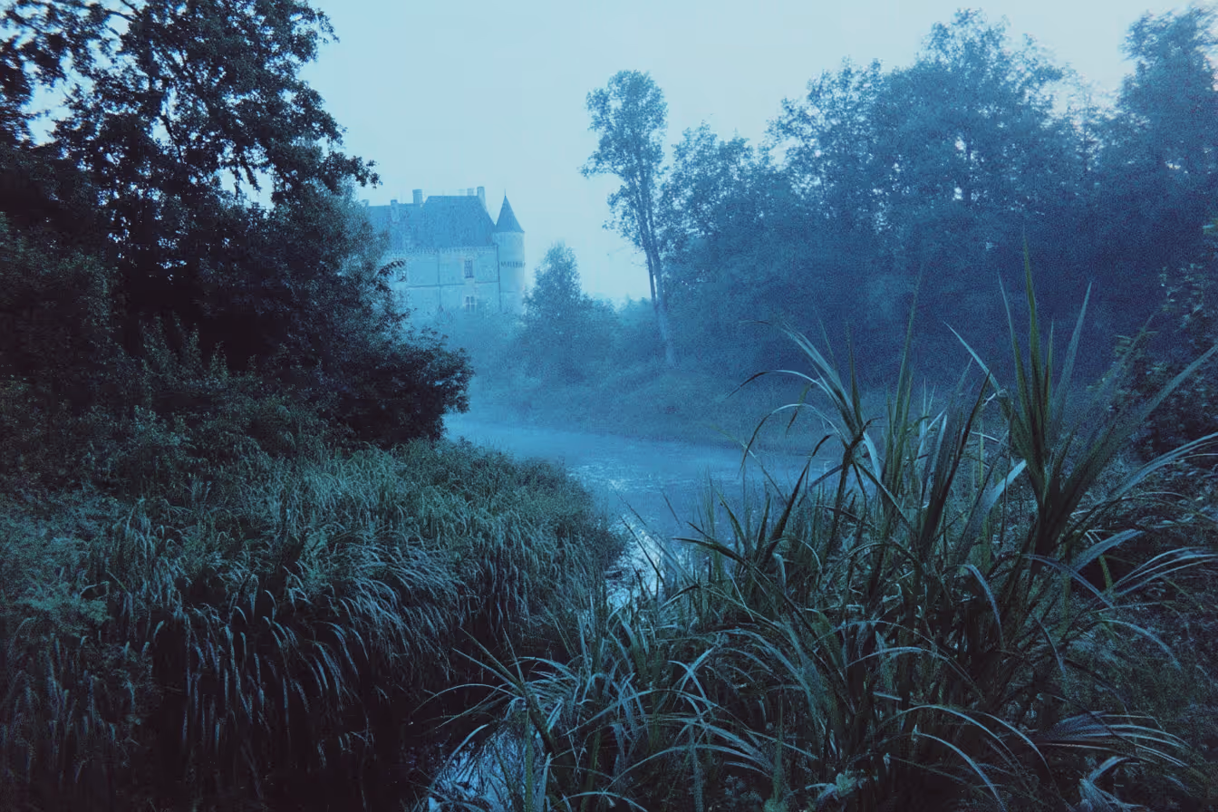 Château ancien visible à travers la brume au bord d'une rivière entourée de végétation dense au crépuscule.